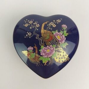 Vintage Japan Porcelain Heart Shaped Peacock & Floral Designed Trinket Box Asahi